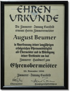 Urkunde Ernennung zum  Ehren-Obermeister